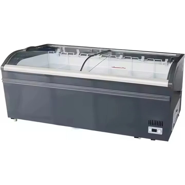 

Коммерческий холодильник с изогнутой верхней стеклянной раздвижной двери, сундук с глубоким дисплеем, морозильная камера