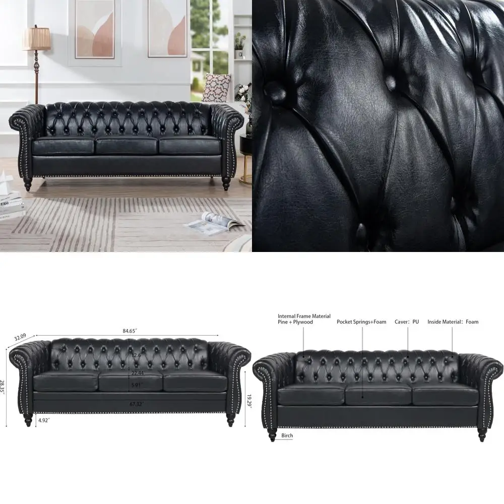 

Three Seater Faux Leather Chesterfield Sofa with Rolled Arms for Comfortable Living Room and Office Reception Areas