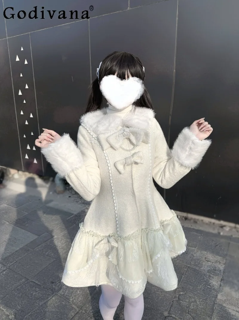 

Winter New Japanese Original Lolita Thickened Warm Coat Sweet Cute Mass-Produced Bow Lace Woolen Jacket for Women