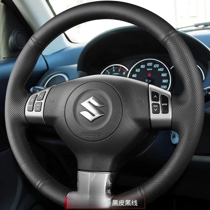 For Suzuki SX4 Alto Old Swift Opel Agila Hand-stitched Non-slip black Genuine Leather Car Steering Wheel Cover