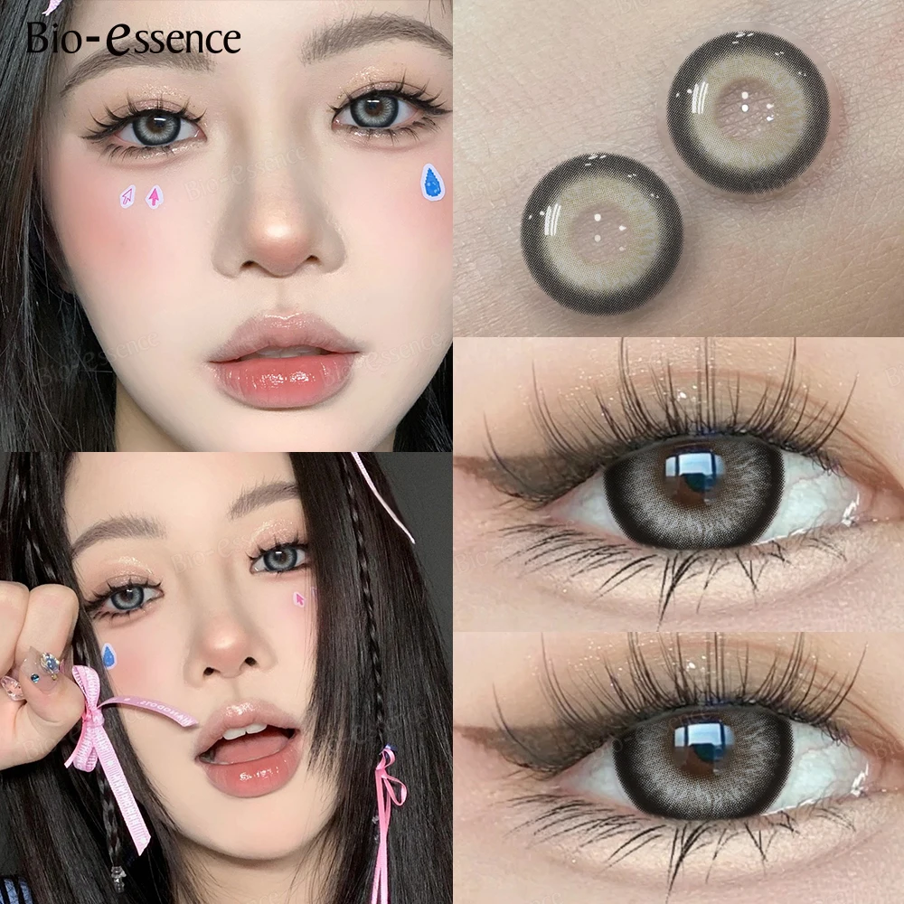 Bio-essence Gray Colored Contact Lenses with Degree 0~-6.00 Myopia Lenses Natural Eye Contact Prescription Lenses Fashion Lenses