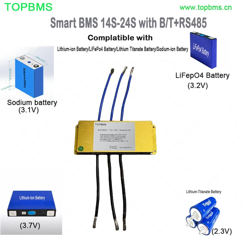 TOPBMS 14s-24s BMS Bluetooth RS485 40A 60A 80A 100A 150A Li-ion NMC baterai Lifepo4Battery LTO baterai Sodium-Ion
