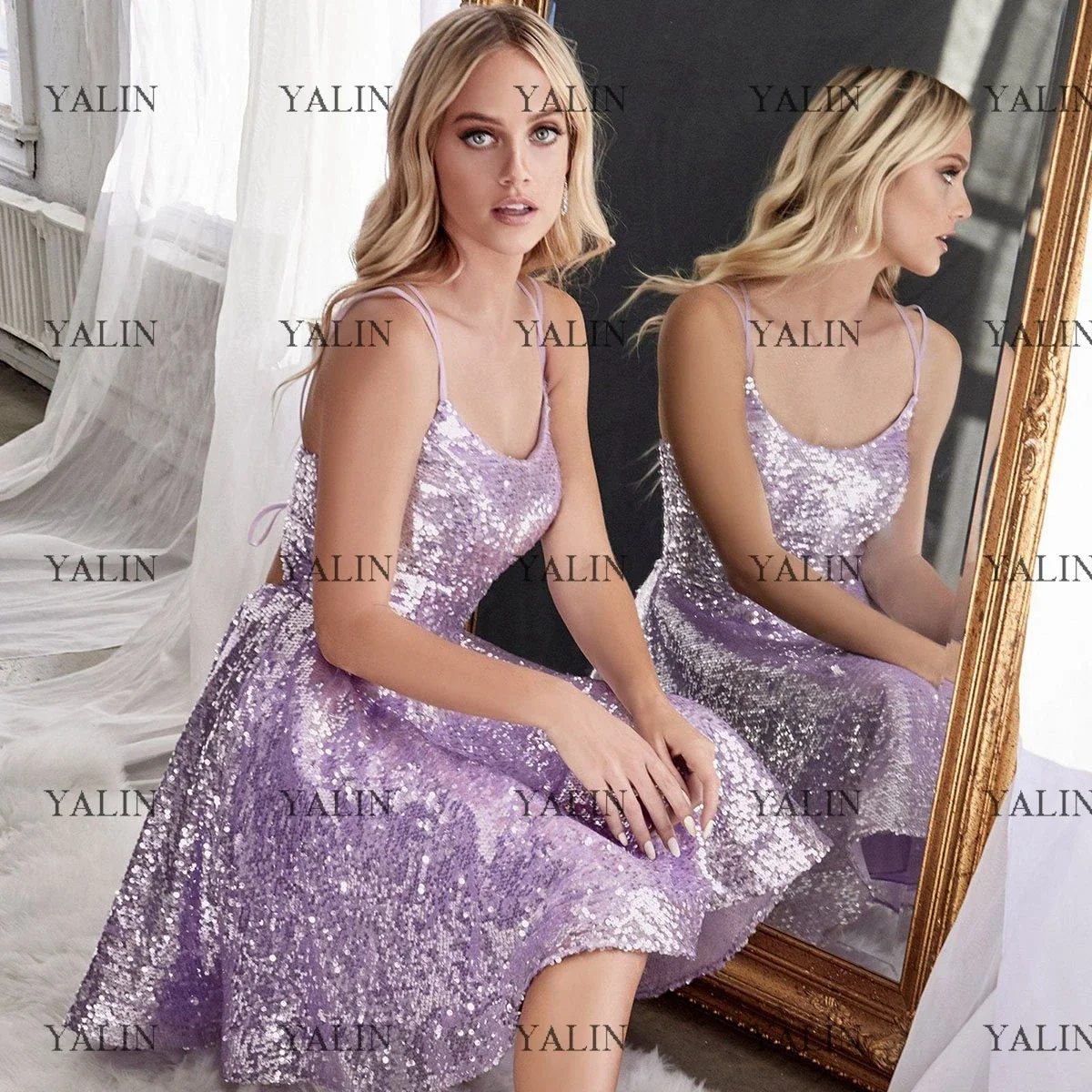 

YALIN Shinny Spaghetiti Straps Sequined Prom Dresses Short Length Pleated Backless Cocktail Party Dress Mini Purple Evening Gown