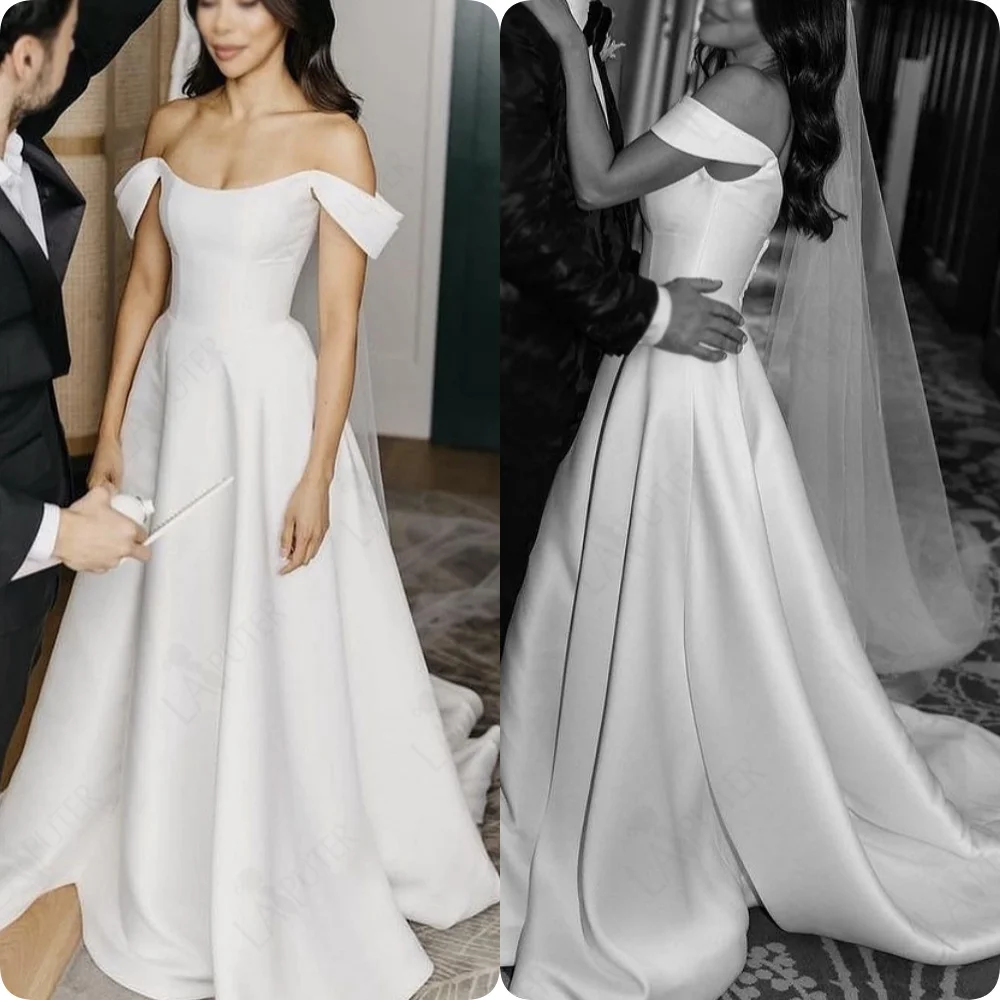 Simple White Satin Bridal Wedding Dresses off Shoulder A line Wide Side Sleeves Bride Wedding Gown Box Pleat Women Elegant Dress