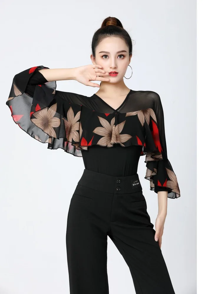 댄스 의류 Gitba 스퀘어 댄스 모던 댄스 탑 v 넥 여성 패치 워크 중간 소매 모양 성인 라틴 댄스 드레스