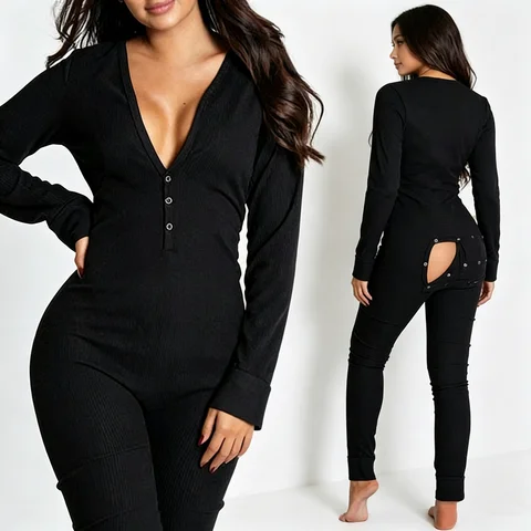 Sexy Pyjama Women's Long Sleeves Homewear Suit Button-Down Front Back Butt Bum Open Ass Flap Jumpsuit Loungewear Christmas Print