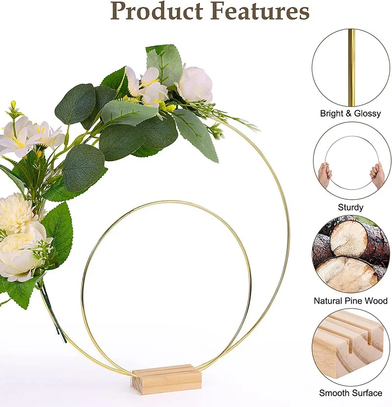 1pc Gold Metal Flowers Hoop with Place Card Holder Wedding Table Centerpiece Decoration Christmas DIY Wreath Garland Decor