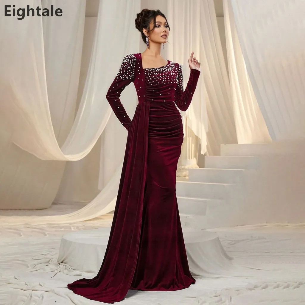 

Eightale 2025 Burgundy Mermaid Long Sleeve Velvet Evening Dress For Women Dubai Arabic Formal Prom Party Gown Customized