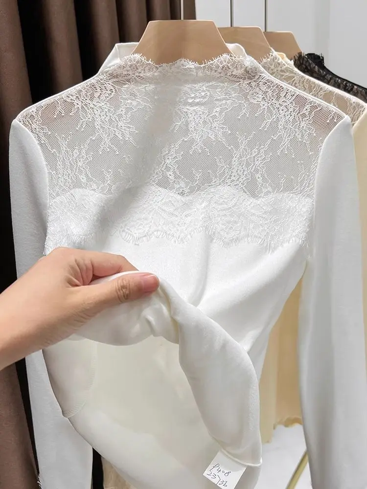 

Женский термобазовый топ с высоким воротником, двусторонней тисненой отделкой, кружевными вставками и подкладкой, осенне-зимний, дизайнерский