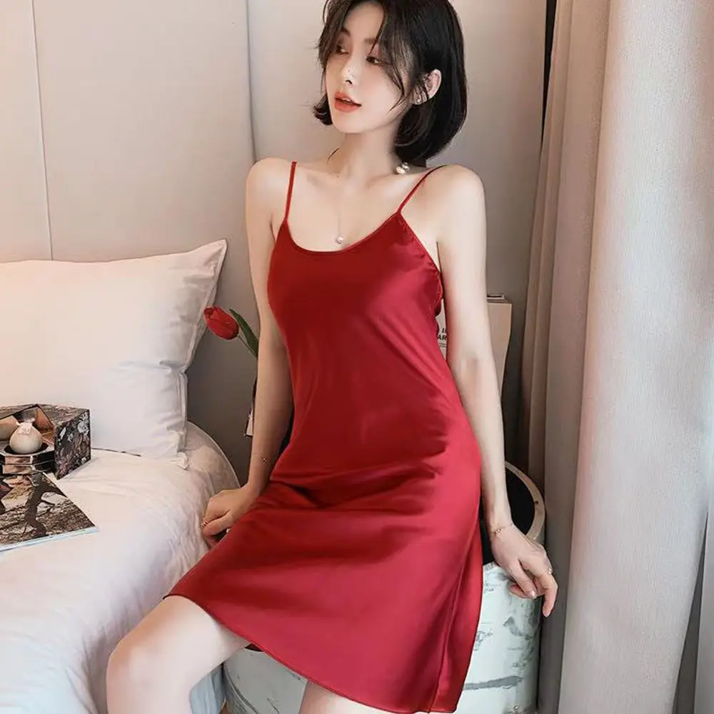 

Casual Sexy Pyjamas Homewear Female Solid Color Sling Nightdress Ice Silk Women Sleepwear Suspender Nightdress
