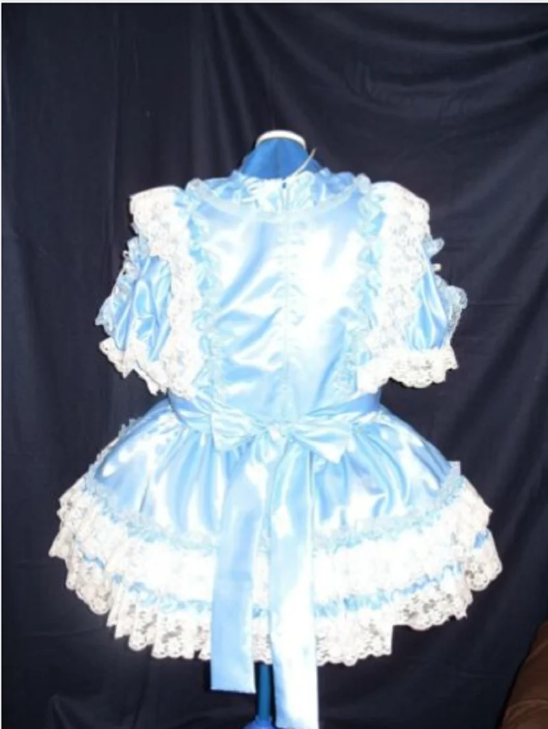 French Sissy Adult Baby Neutral CD / TV Infatuated with Satin Girl Blue and White Lace Dress Party Dress Custom Dress