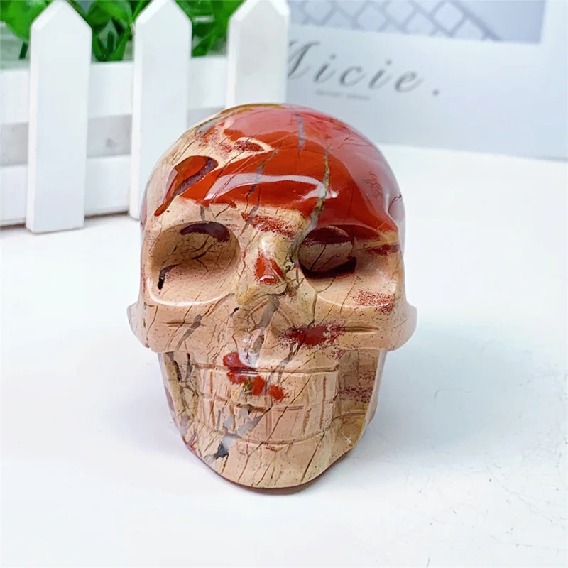 Natural Red Jasper Skull Carvings, Mini Statue Figurine, Crystal Stone, Decor, Halloween Decoration, Witchcraft Gift, 0.612kg