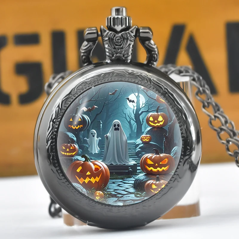 Creative Vintage Compact Medium Quartz Necklace Pocket Watch Alloy Round Dial Funny Stickers Halloween Cheap Gift For Kids
