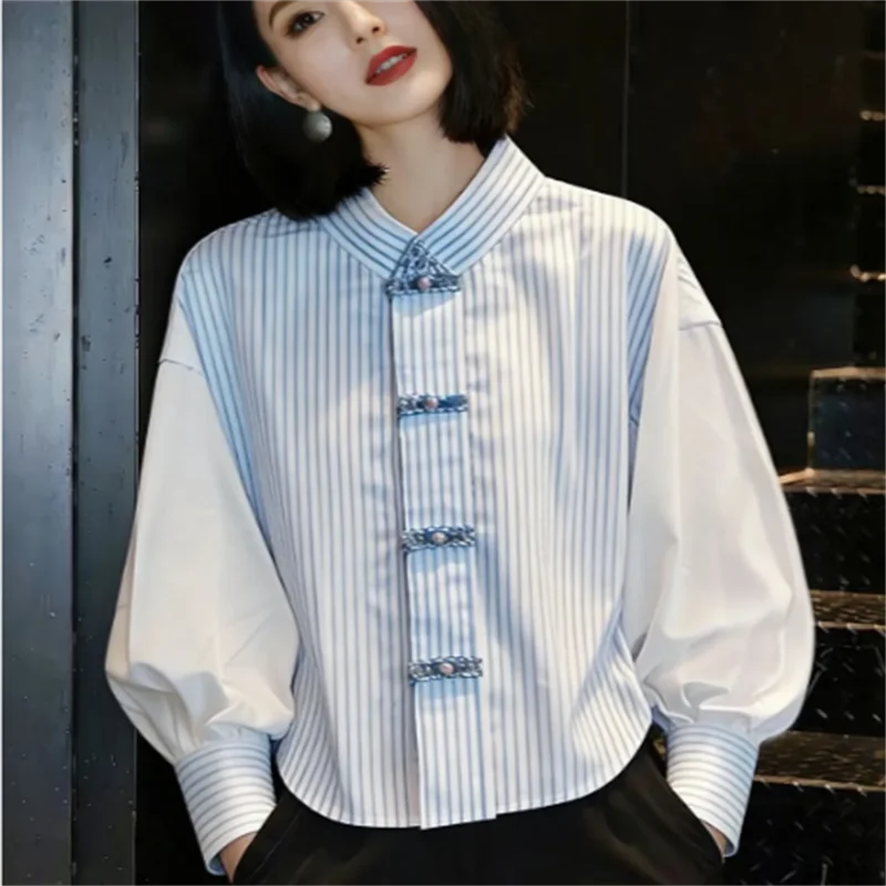 Striped Blouse Ladies Lantern Sleeve Shirt Vintage Button Closure Loose Woman Clothes Shirt Stand Collar Blous Tops