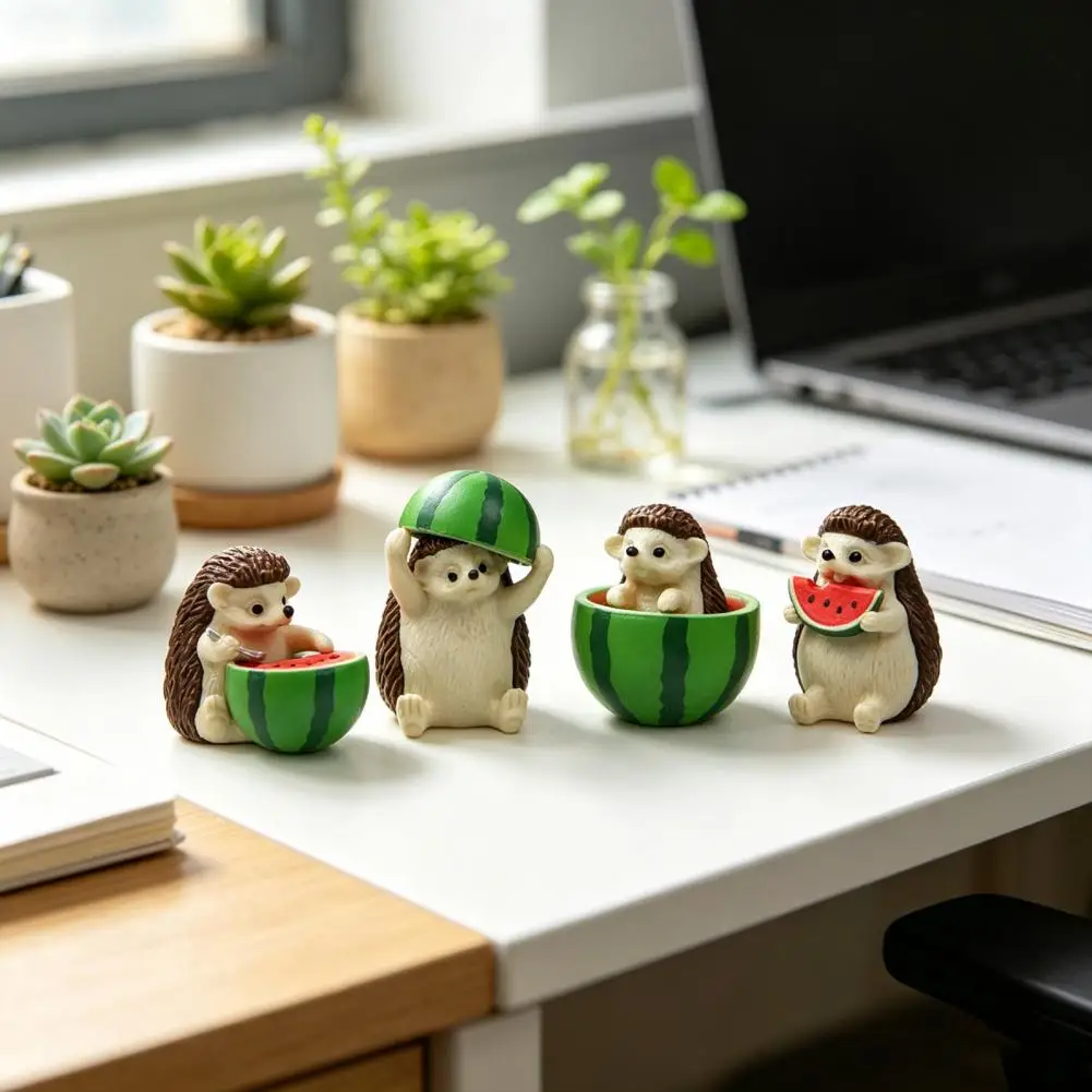 4 Pcs Healing Animal Figurine Mini Hedgehog Figurine Cute Watermelon Hedgehog Ornament Collectible Miniature Animal Figures for