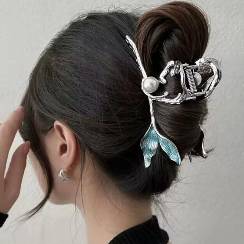 

Pearl Fish Tail Hair Claw Women Blue Elegant Hollow Ponytail Shark Clip Geometric Vintage Hair Clips Hair Accessories for Women