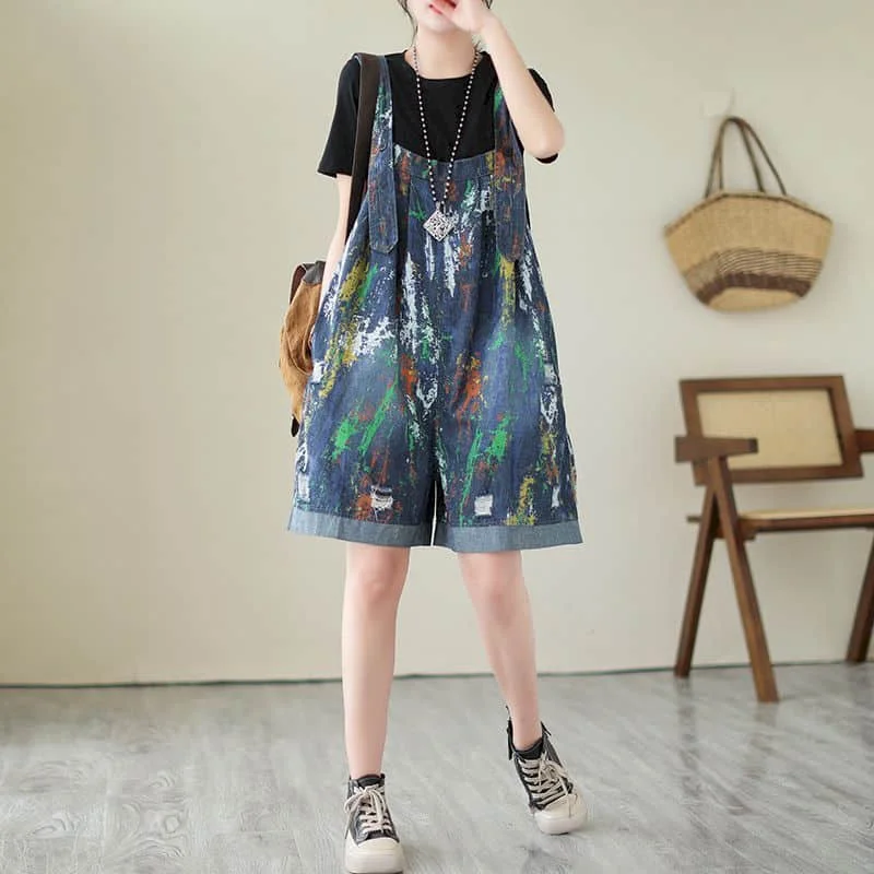 Kombinezony jeansowe Koreański styl Jednoczęściowy strój Casual Graffiti Szorty z szerokimi nogawkami Letnia odzież dla kobiet Przycięte dżinsy z wysoką talią