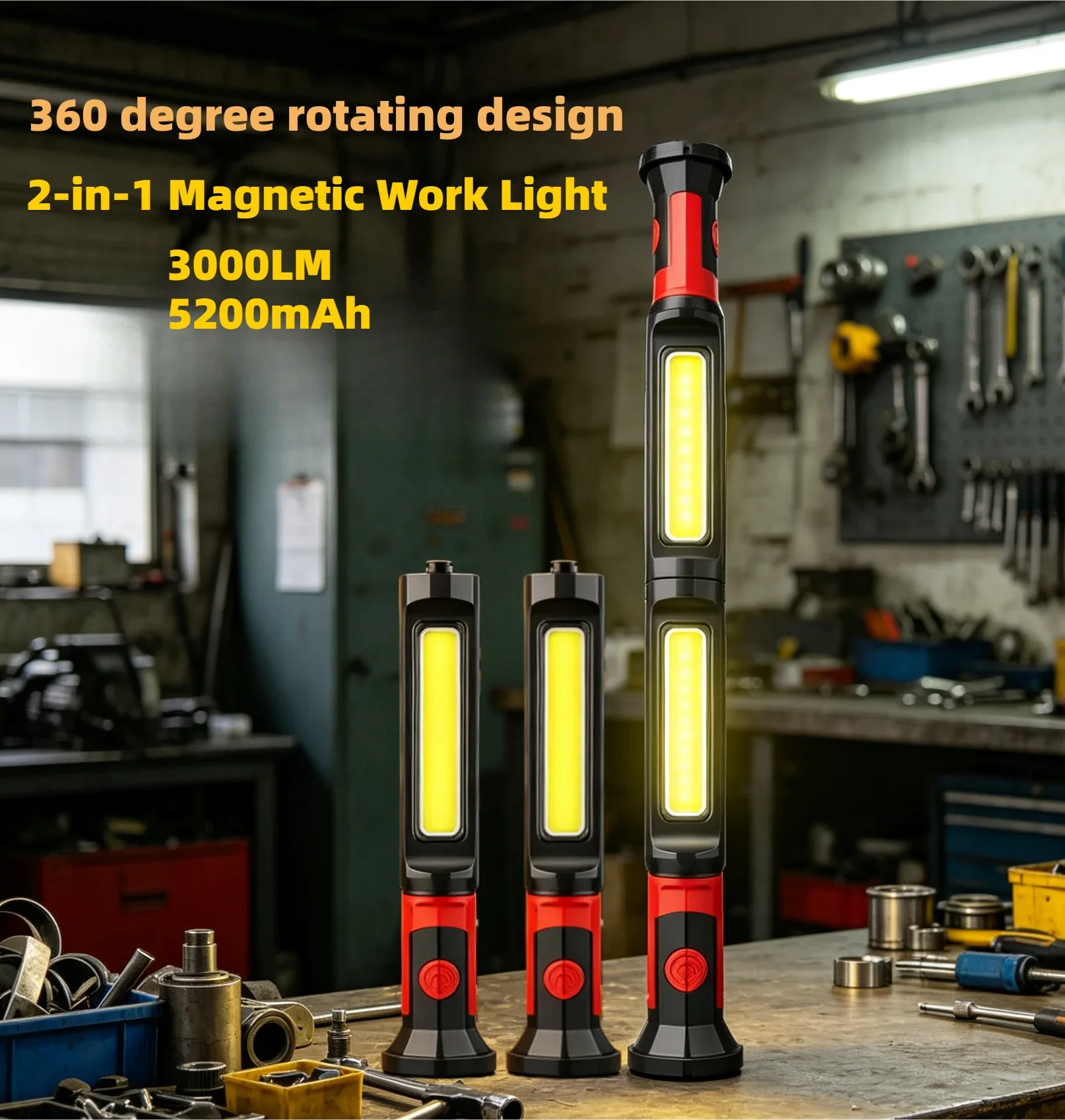 2 in 1 Magnetic Work Light 5200mAh Rechargeable 3000LM Under Hood Light With Hooks For Car Repair Garage Workshop Emergency