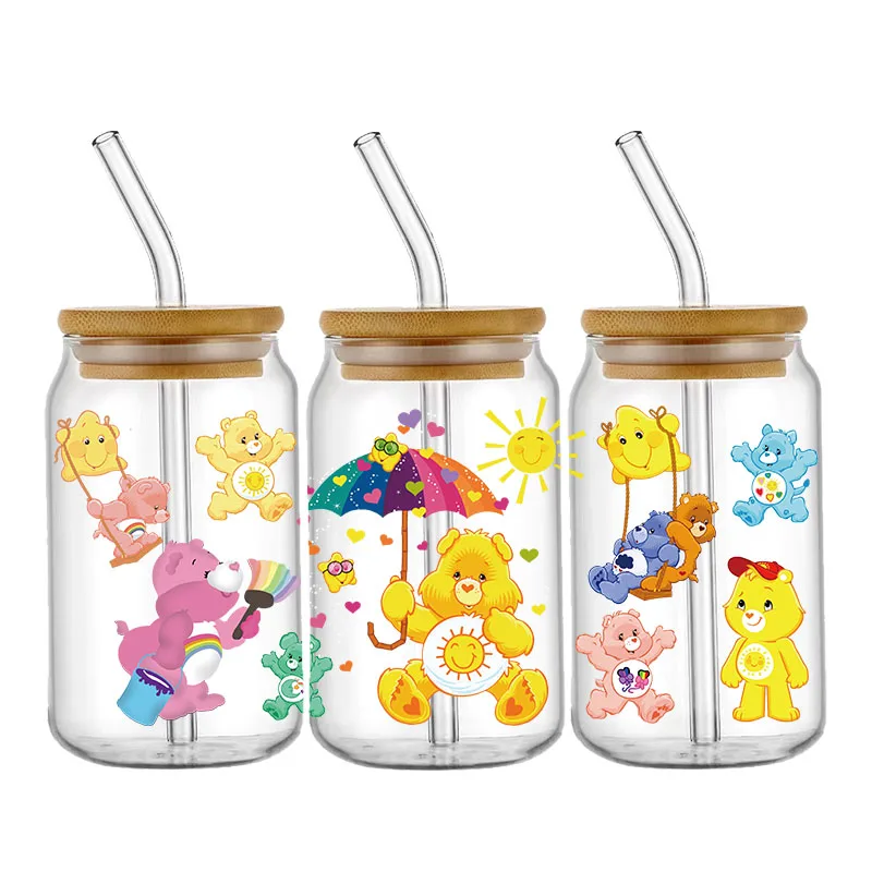 UV DTF Transfer Stickers Cartoon Bears Cup Wrap For 16OZ Glass Libbey Can Self-adhesive Waterproof Custom DIY Stickers Decals