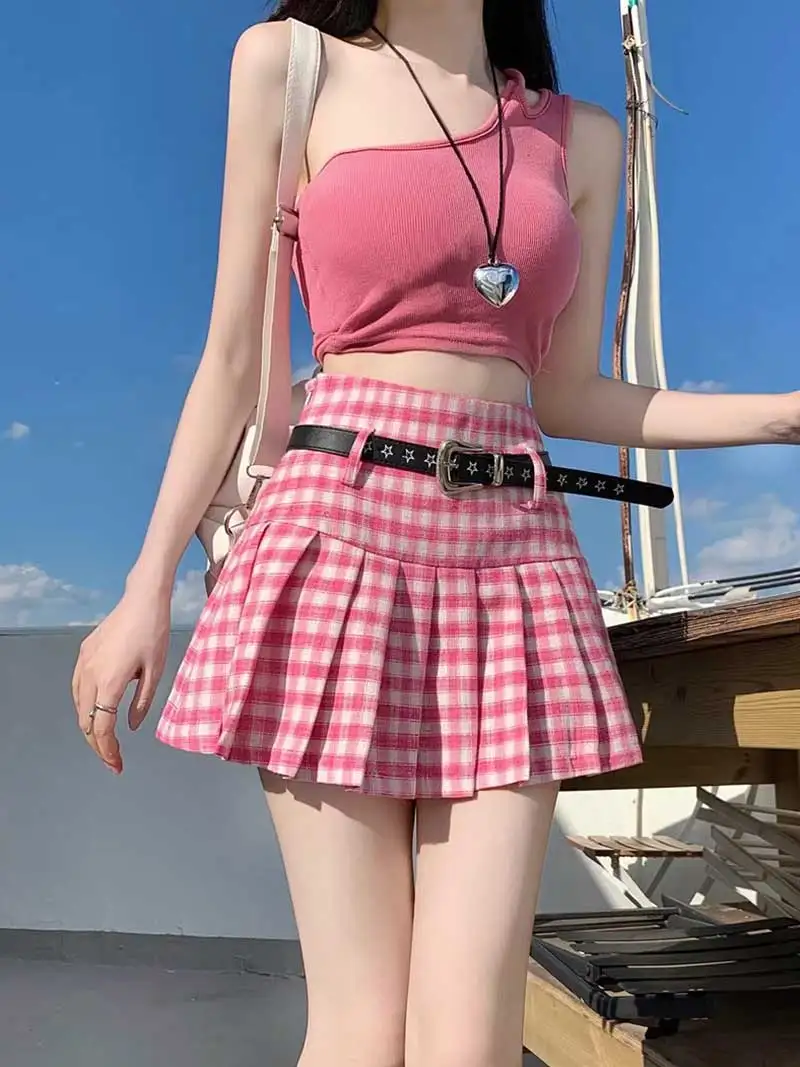 ReddaChic Star Leather Belt Women Plaid Mini Skirt Kawaii Pink High Waist Pleated Skirt Lining Shorts School Uniform Jk Bottoms