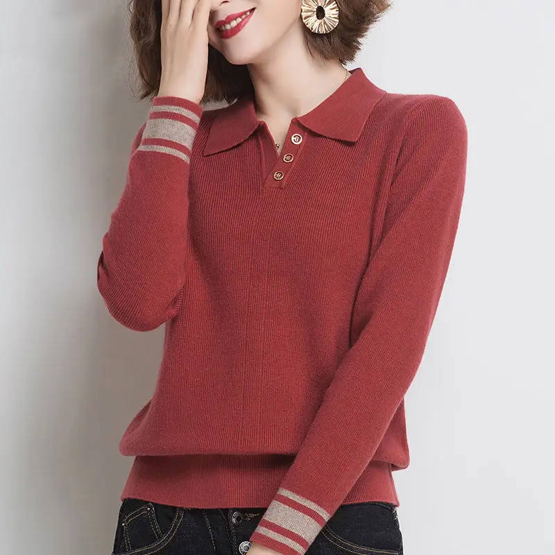 

Fashion Turn-down Collar Button Sweater Women Autumn Winter Solid Exposed Line Decoration Long Sleeve Knit Loose Bottomed Tops