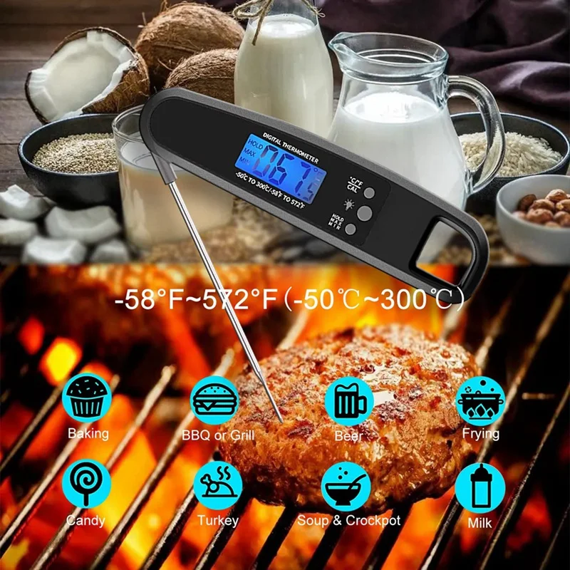 Instant Read Meat Thermometer For Grill And Cooking, With Backlight & Calibration - Black