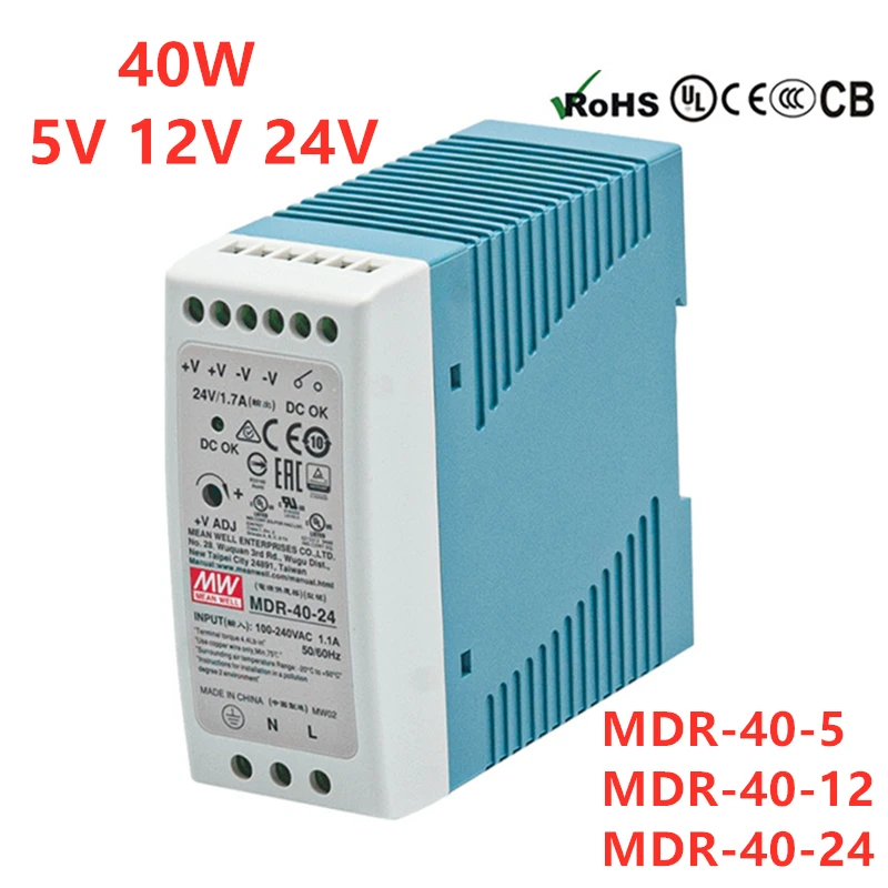 MEAN WELL Industrial Din Rail 40W Single Output Switching Power Supply MDR-40-5 MDR-40-12 MDR-40-24 MDR-40-48