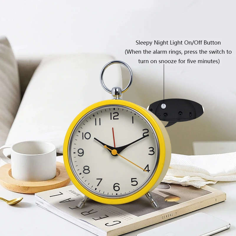European Style Metal Snooze Alarm Clock with Simple Hanging Ring, Quartz Desk Clock, Creative Luminous Student Pointer Clock (Sn