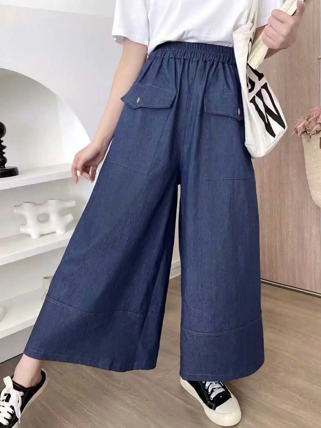 

Женские широкие джинсы с высокой талией, свободный крой, утягивающий эффект, длина с девятью зубцами, летние повседневные джинсовые обтягивающие джинсы