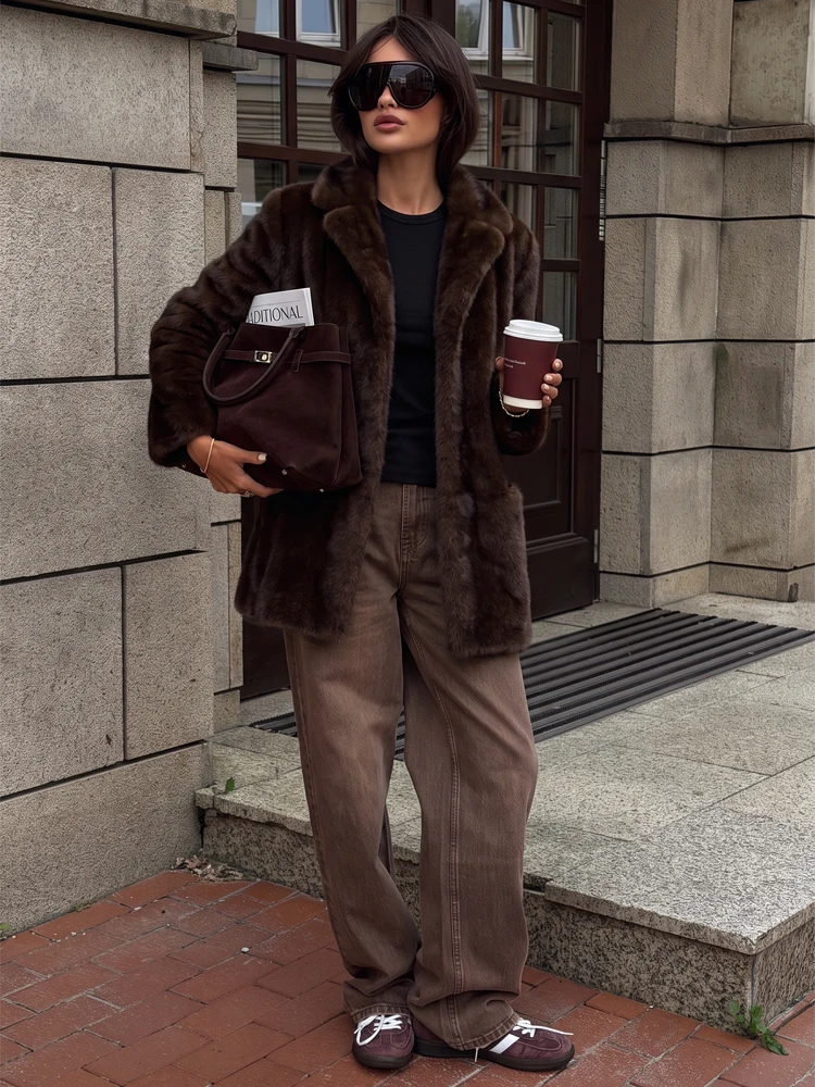Womens Taupe Faux Fur Lapel Coat Long Sleeve Button Front Pocket Fuzzy Overcoat Fall Winter Casual Work Streetwear Outerwear