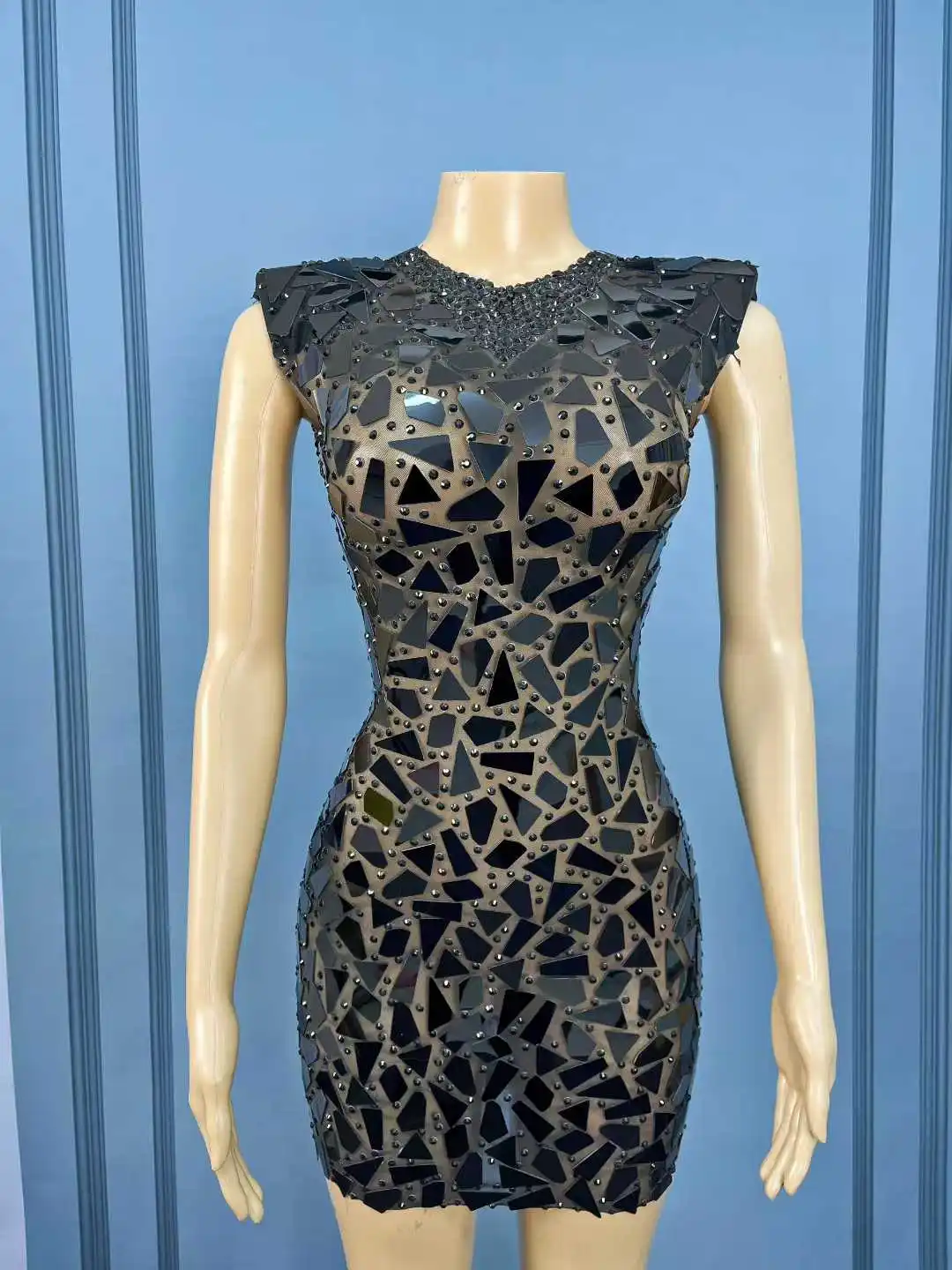 Vestido de lujo negro brillante con espejos y diamantes de imitación, vestido Sexy de malla transparente para mujer, vestido de fiesta de cumpleaños y cóctel de noche, disfraz de alfombra roja