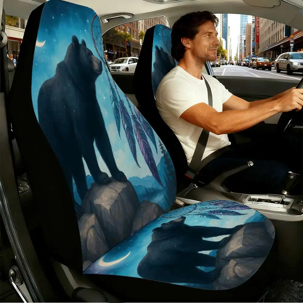 2pcs Midnight Bear With Dreamcatcher Car Seat Covers Suitable For Front Seats, High Back Design, Material, Suitable For Cars, SU