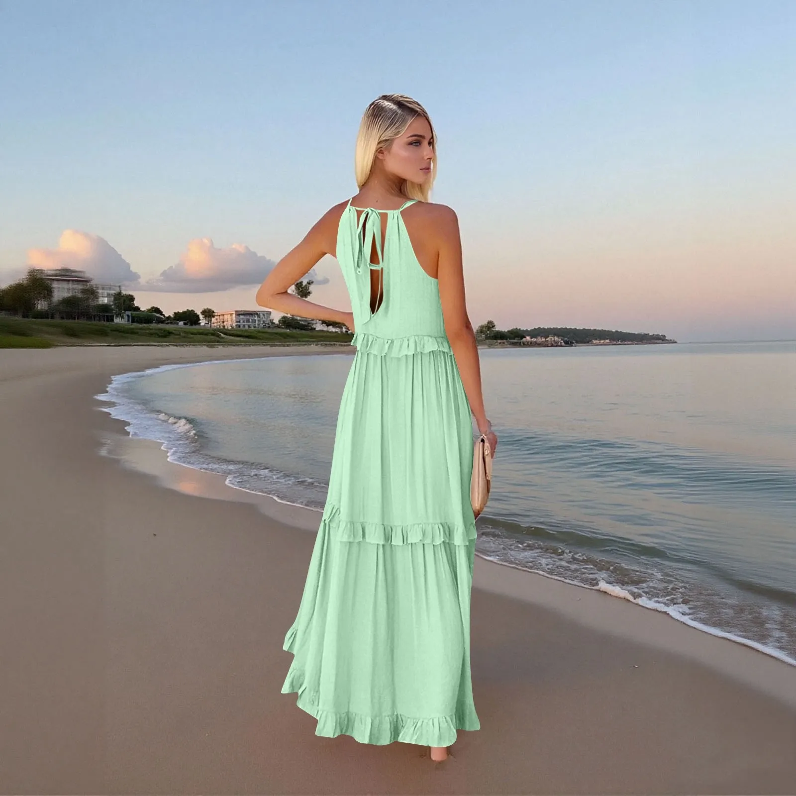 Frauen Rüschensaum geschichtete lange Kleider Sommer ärmelloses rückenfreies Kleid Mode langes Kleid Big Swing Strandkleid Vestidos