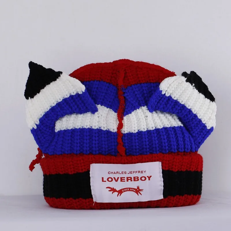 Para Dzianinowa Czapka Świnia Kot Ucho Czapka Zimowa Ciężka Ciepła Modna Czapka Stripe Loverboy Cute Cartoon Fox Beanies Skullies dla Mężczyzn Kobiet