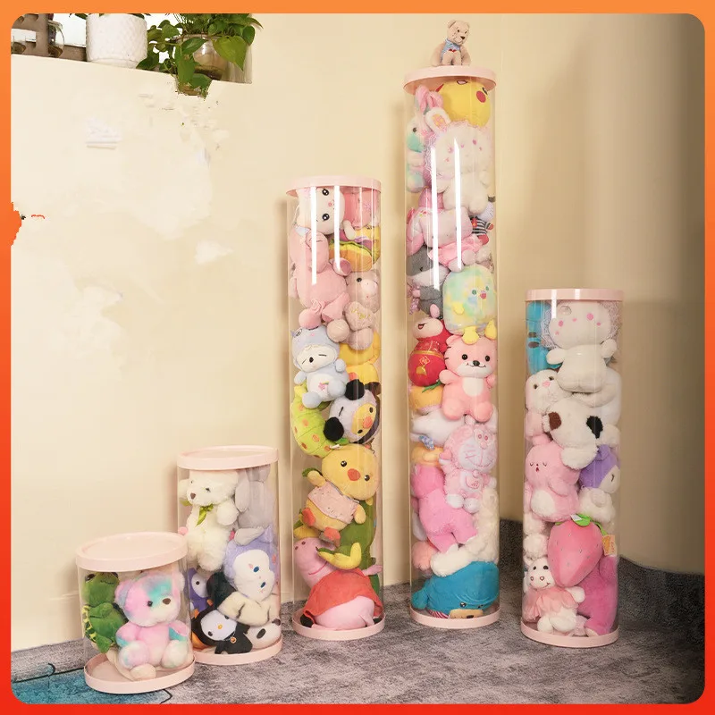 Plush toy doll storage bucket transparent PET doll storage and organization cylindrical doll bucket storage bucket with lid