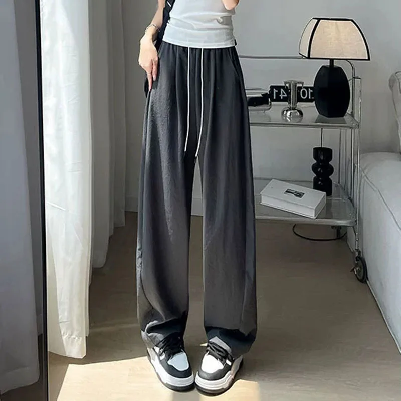 Summer Comfortable Ice Silk Wide Leg Trousers Female Solid Versatile Loose Casual Pants Straight Leg Elastic High Waisted Pants