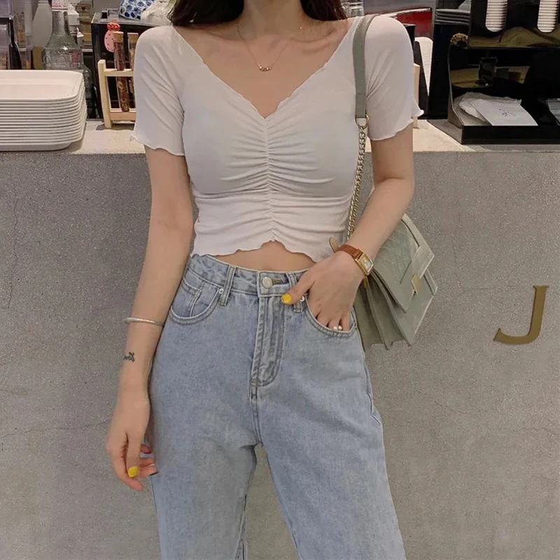 Biyaby Cropped Knitted T-Shirt Women Summer 2024 New Solid Color V Neck Tops Woman Korean Style Slim Fit Short Sleeve T Shirt