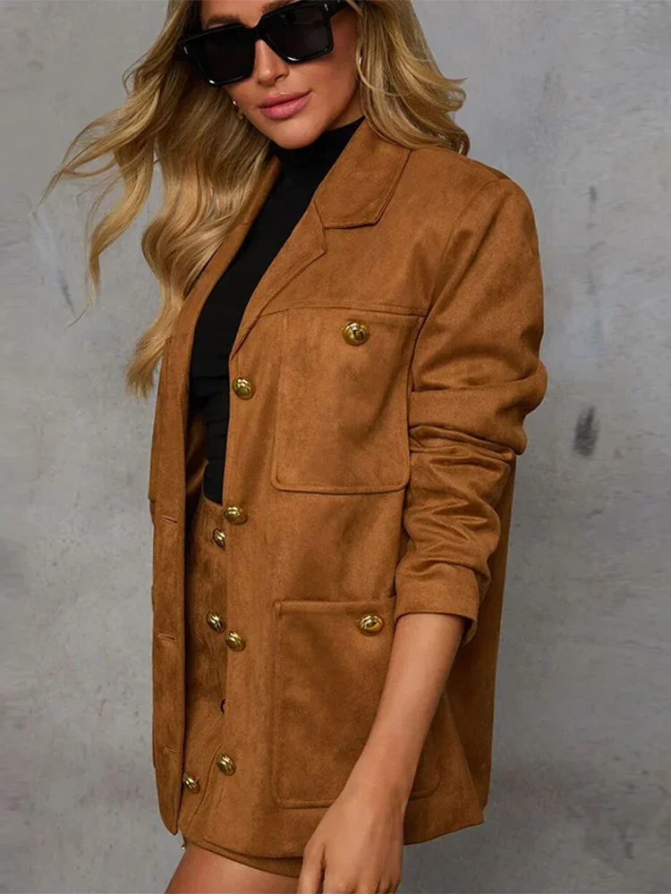 Vintage Brown Suede Jacket For Women Elegant Lapel Single Breasted Suit Blazer Coat Elegant Office Lady Autumn Street Outerwear