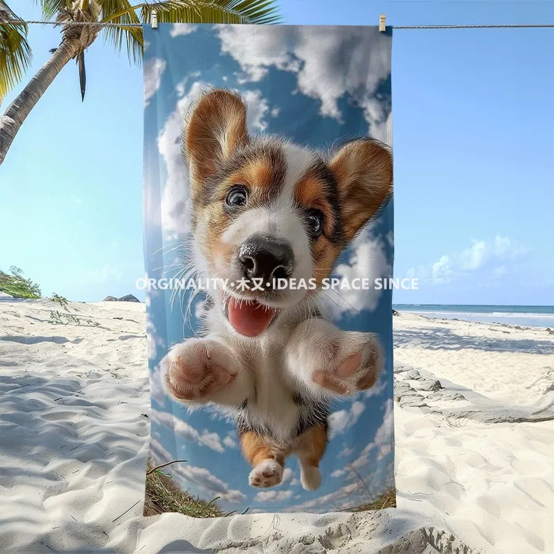 Cute Flying Corgi Beach Towel Patterned Sunscreen And Windproof Suitable For Swimming Pool Camping Travel
