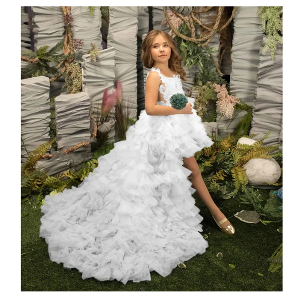 Vestidos de niña de flores de cumpleaños para boda, vestido de desfile de princesa con apliques de 2 piezas y tren desmontable, tul escalonado para niños pequeños