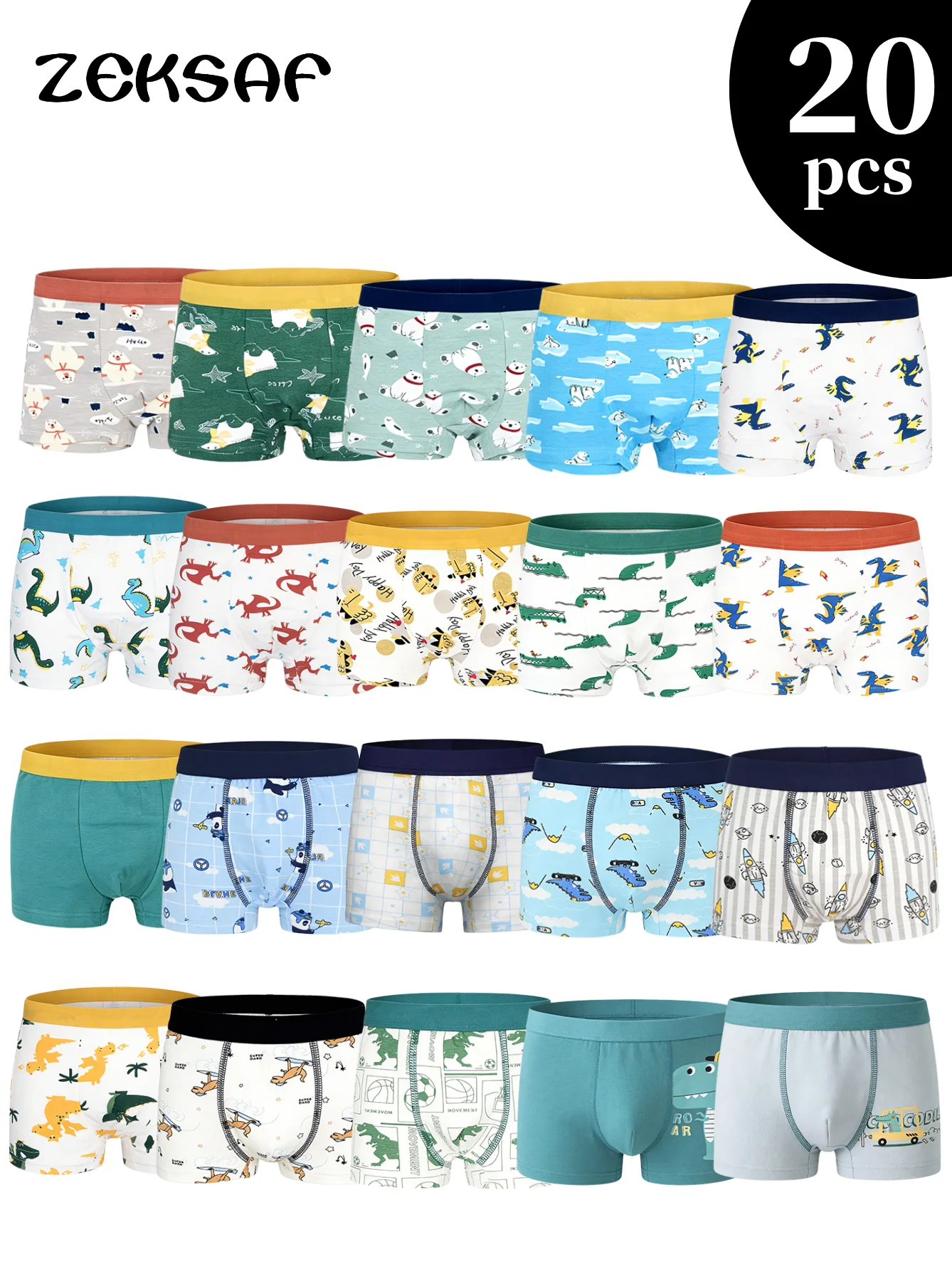 ZEKSAF  20 Pack Boys Cotton Boxer Underwear Soft and Breathable Kids Boxer Briefs Size 4-13