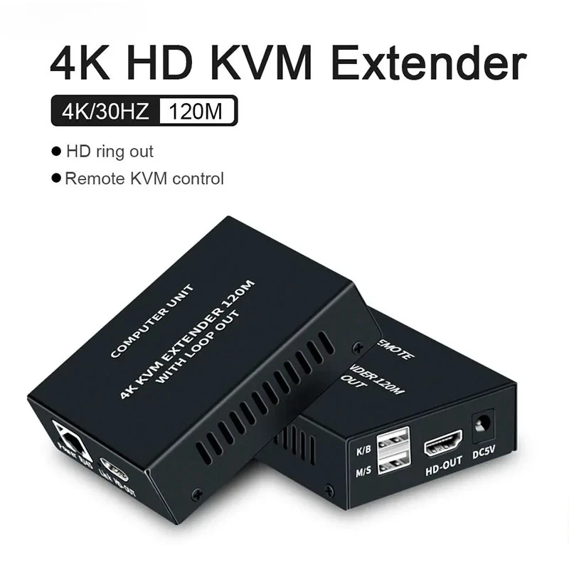 4K 120M HD KVM Extender 120M over RJ45 Ethernet Cat5e/6 HDTV USB Extender Transmitter and Receiver kit For USB Mouse Keyboard