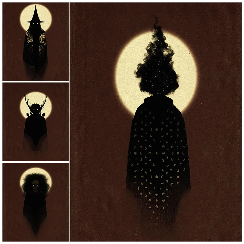 Witch With Pointed Hat,Star Wizard And Full Moon Abstract Wall Art Canvas Print Fantasy Vintage Art Poster Print Home Decoration