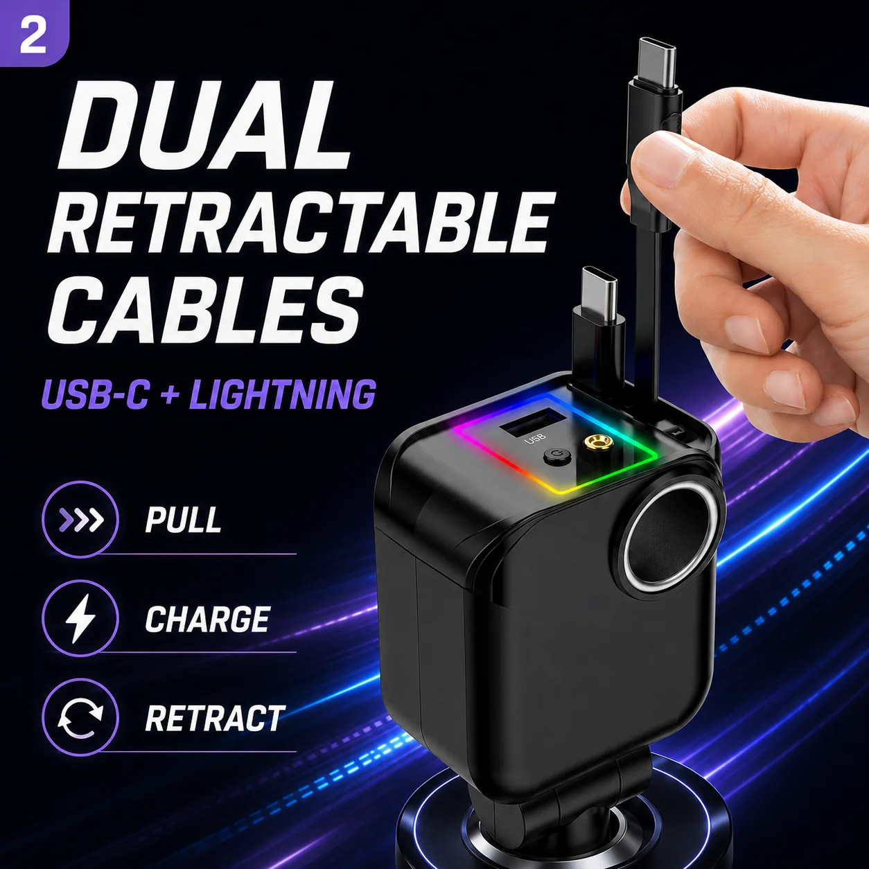 180W 6 in 1 Car Charger Dual Retractable USB C Lightning Cables 60W Socket RGB Star Light 180 Degree Adjustable