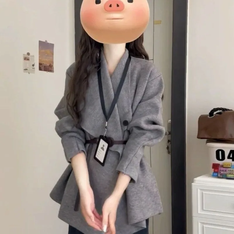 المرأة الخريف الشتاء الفرنسية رشيقة بدوره إلى أسفل طوق سترة سترة سيدة الموضة معطف أسود متماسكة مع حزام الخصر سترات جديدة #5