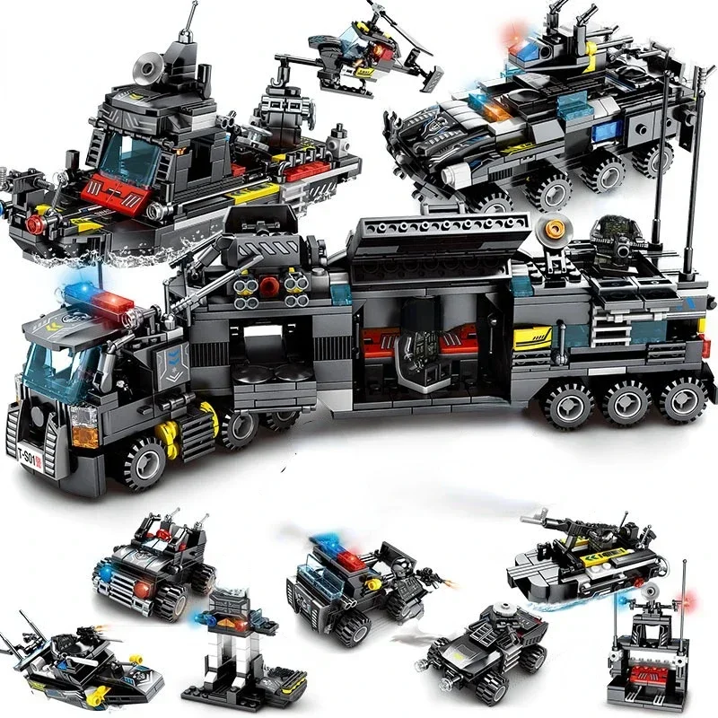 City Series Police Station SWAT Building Blocks Fighting Robot Helicopter Bricks Kit Educational Toys for Children Gifts