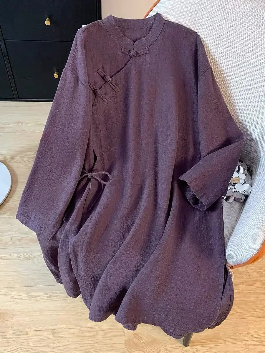 

Long Zen Tea Clothing Standing Collar Top New Chinese Literary and Artistic Buckle with Cotton and Linen Shirt Female