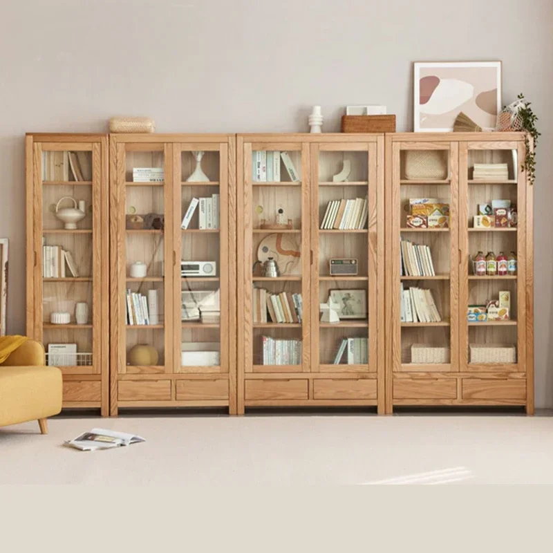 Simple solid wood bookshelf combination Nordic drawer storage locker study oak with door