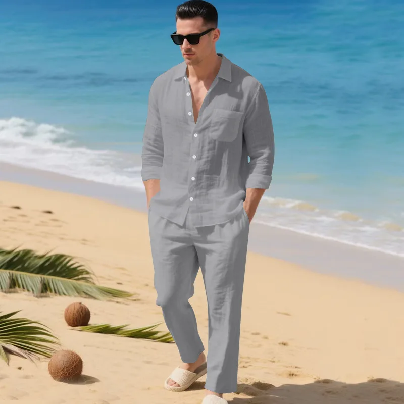 

European American Mens Linen Suit Set Long Sleeve Collared Shirt Loose Pants Casual Breathable Beach Vacation Autumn Outfits