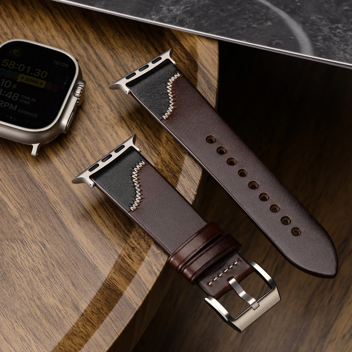 Luxury Bicolor Leather Strap For Apple Watch, Ultra 49mm, Series 10, 46mm, 42mm, 45mm, 44mm, 41mm, 40mm, Handmade Watch Band